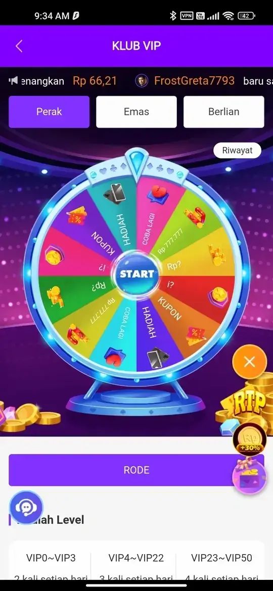 OKIDR APK halaman klub VIP dengan roda keberuntungan