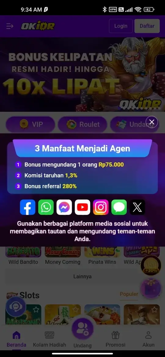 Halaman beranda OKIDR dengan promosi bonus kelipatan