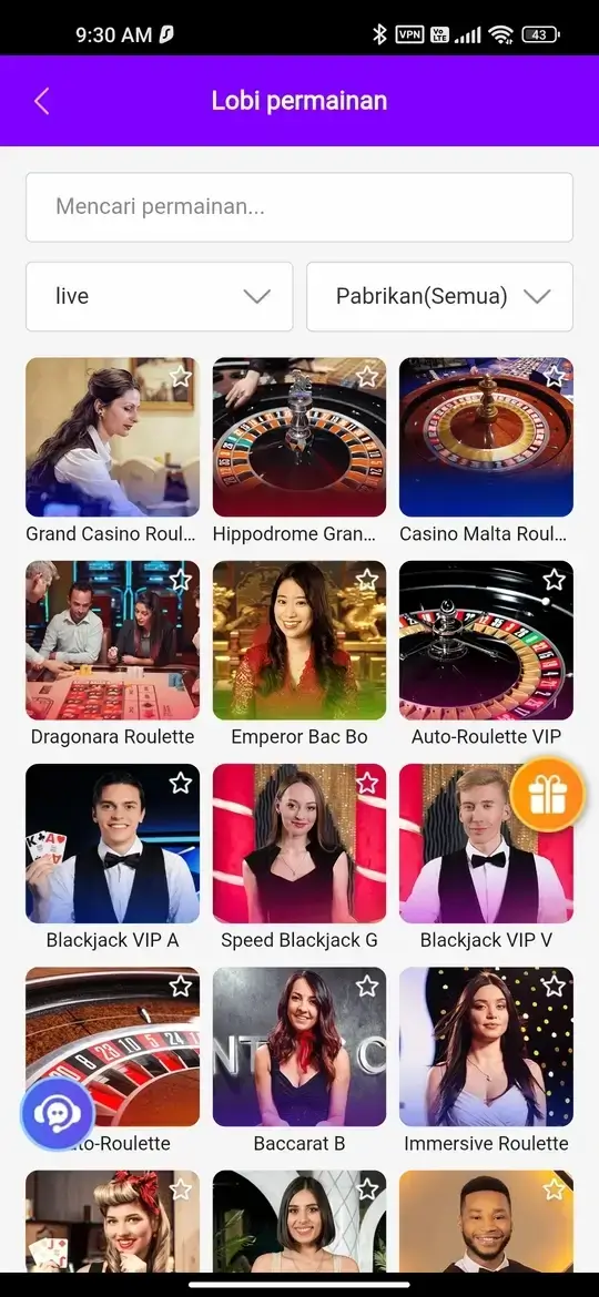 Lobi permainan live casino di OKIDR APK