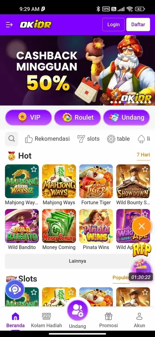 Tampilan aplikasi OKIDR APK dengan koleksi slot populer